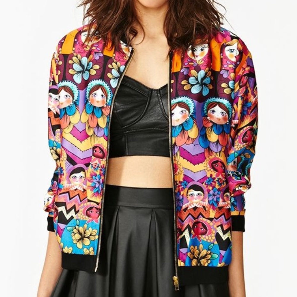 Silky Bomber Jacket with Colorful Babushka Doll Print Women’s Size Medium